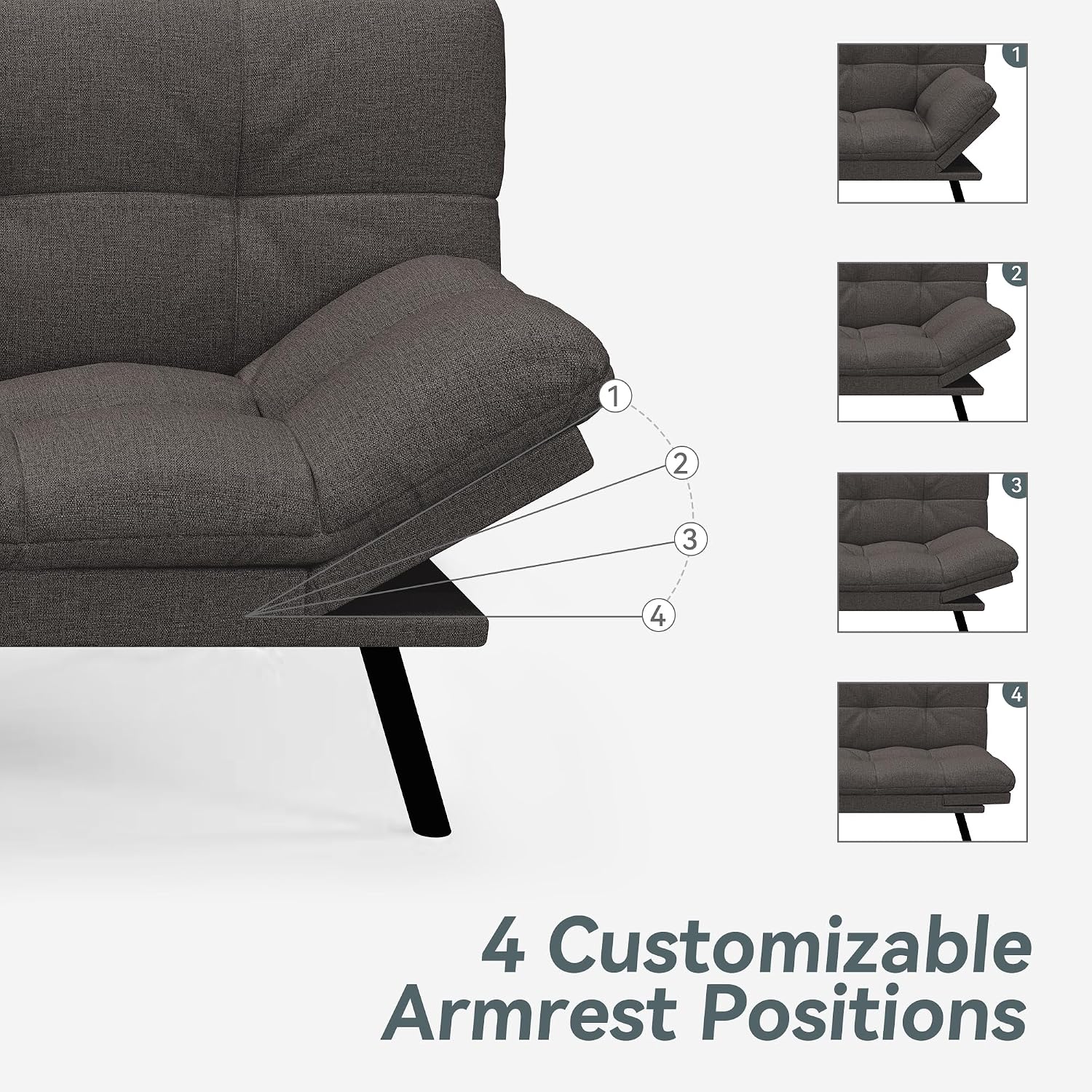 Futon Sofa Bed Convertible Couch, Grey Linen Sofa Bed with Memory Foam, Adjustable Backrest & Armrests, Multifunctional Small Loveseat Sleeper Sofa for Living Room, Apartment, Office