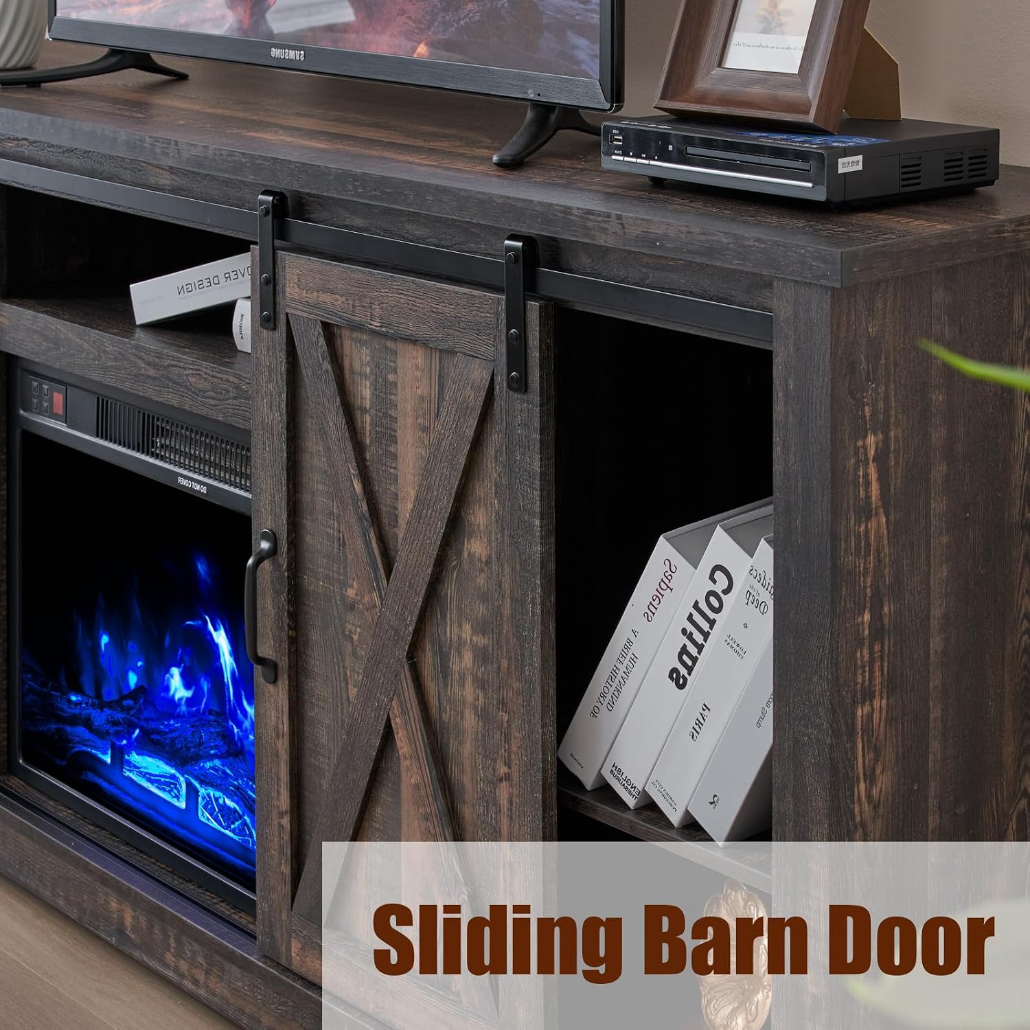 AMERLIFE Fireplace TV Stand with Sliding Barn Door for TVs up to 73', Farmhouse 63' Fireplace Entertainment Center with Storage Cabinets/Adjustable Shelves, Dark Rustic Oak
