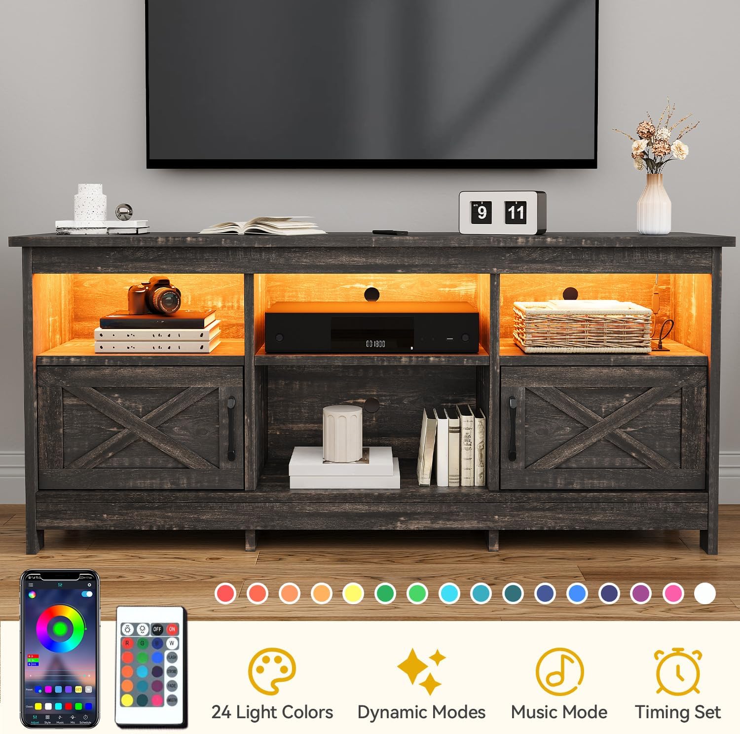 DWVO TV Stand for up to 65 Inch TV, Entertainment Center with Storage, TV Cabinet with Power Outlet & LED Light Strip, Media Console Television Stands for Living Room, Dark Rustic Oak