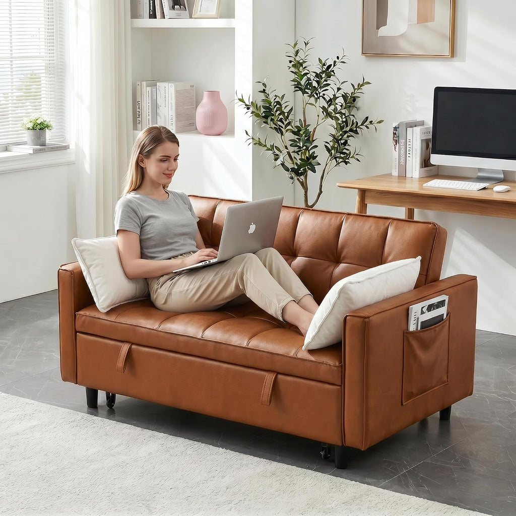 3 in 1 Convertible Sofa Bed, Loveseat Sleeper Sofa with Large Side Pockets, Pull Out Couch with Adjustable Backrest, Easy Assembly, PU Couch Bed for Small Spaces, Apartment, Brown