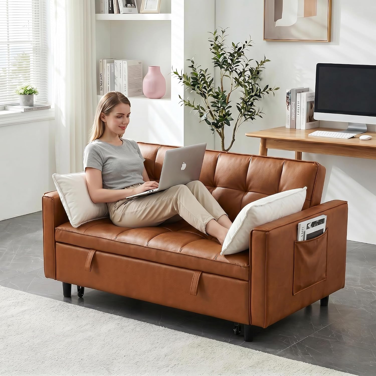 3 in 1 Convertible Sofa Bed, Loveseat Sleeper Sofa with Large Side Pockets, Pull Out Couch with Adjustable Backrest, Easy Assembly, PU Couch Bed for Small Spaces, Apartment, Brown