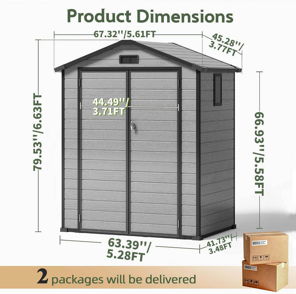 6×4FT Plastic Outdoor Storage Shed, Double Door Tool Shed with Vent, Lockable Door with Key, Storing Patio Furniture, Gardening Tools, and Bicycle Accessories