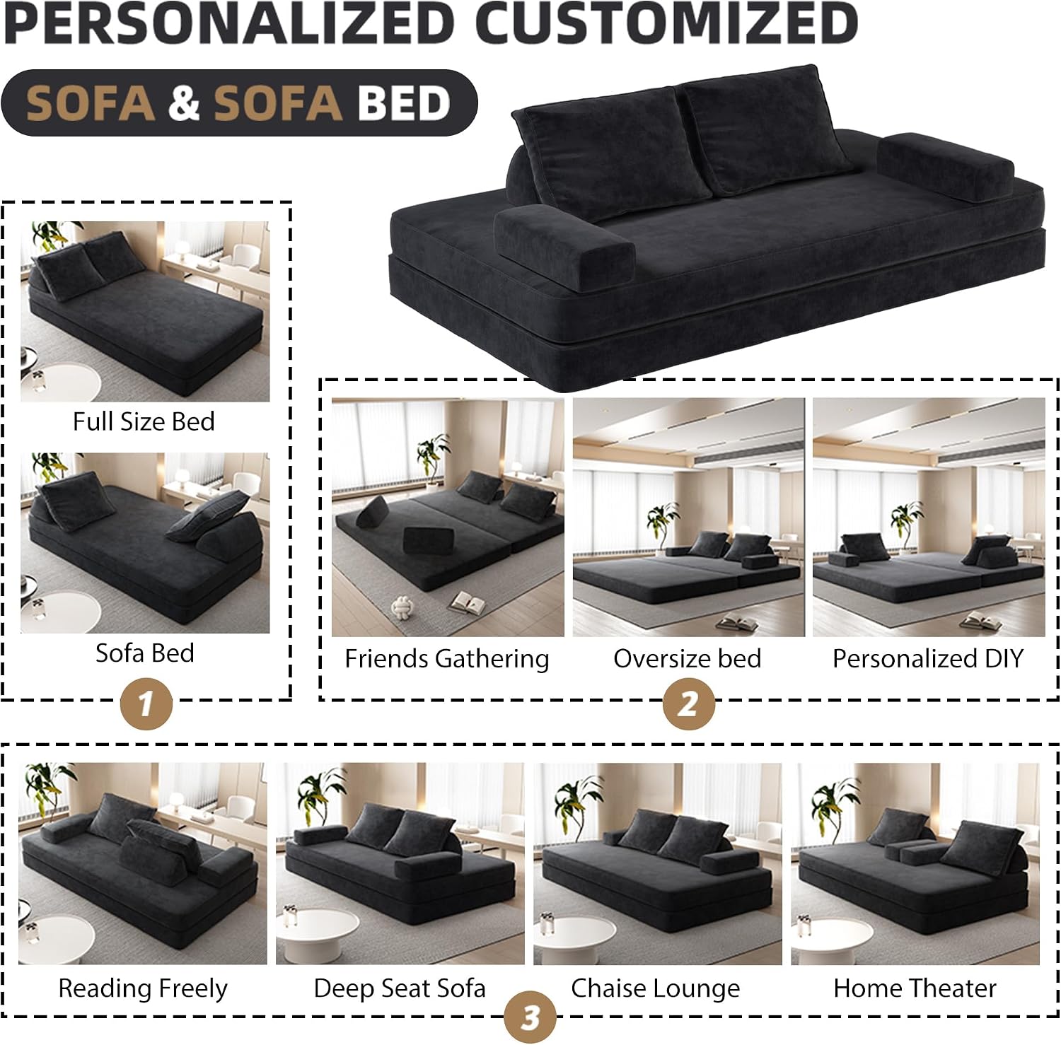 86.6' Queen Floor Sleeper Sofa Bed | Convertible Foam Folding Mattress Couch | King Size Futon Couch Bed for Adjustable Backrests | Sleeper Lounge Chair for Living Room, Playroom, Apartment, Dark Grey