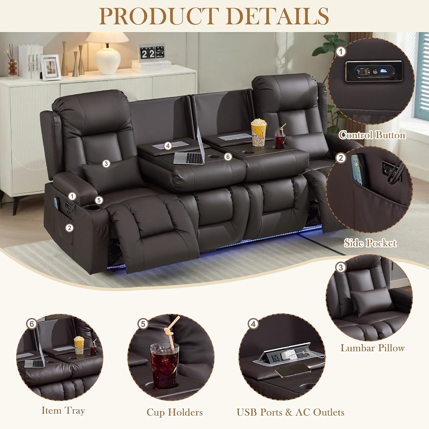TUNYI Power Loveseat Recliner Sofa with Massage & Heat Home Theater Seating with Console RV Recliner Loveseat Sofa with USB/Storage/Side Pocket/LED Light/Speaker (Brown, 4 Seat)