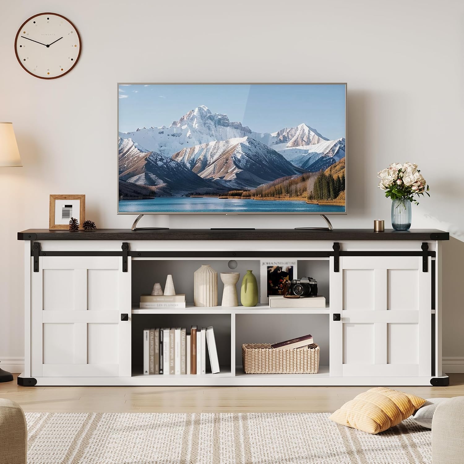 Garvee 70 in TV Stand for 75 in TVs, Farmhouse Entertainment Center and Media Furniture with Sliding Barn Doors & Storage Cabinets, Mid Century Modern TV Console Table for Living Room Bedroom