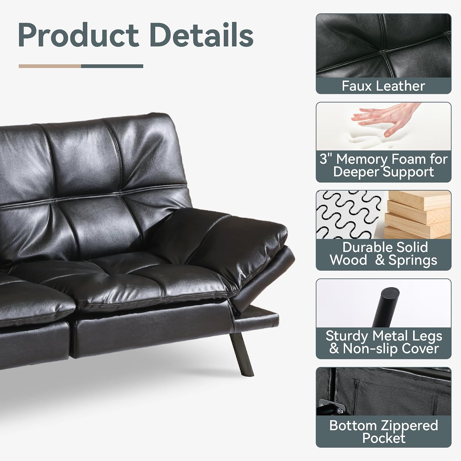 Futon Sofa Bed Convertible Couch, Black Faux Leather Sofa Bed with Memory Foam, Adjustable Backrest & Armrests, Multifunctional Small Loveseat Sleeper Sofa for Living Room, Apartment, Office
