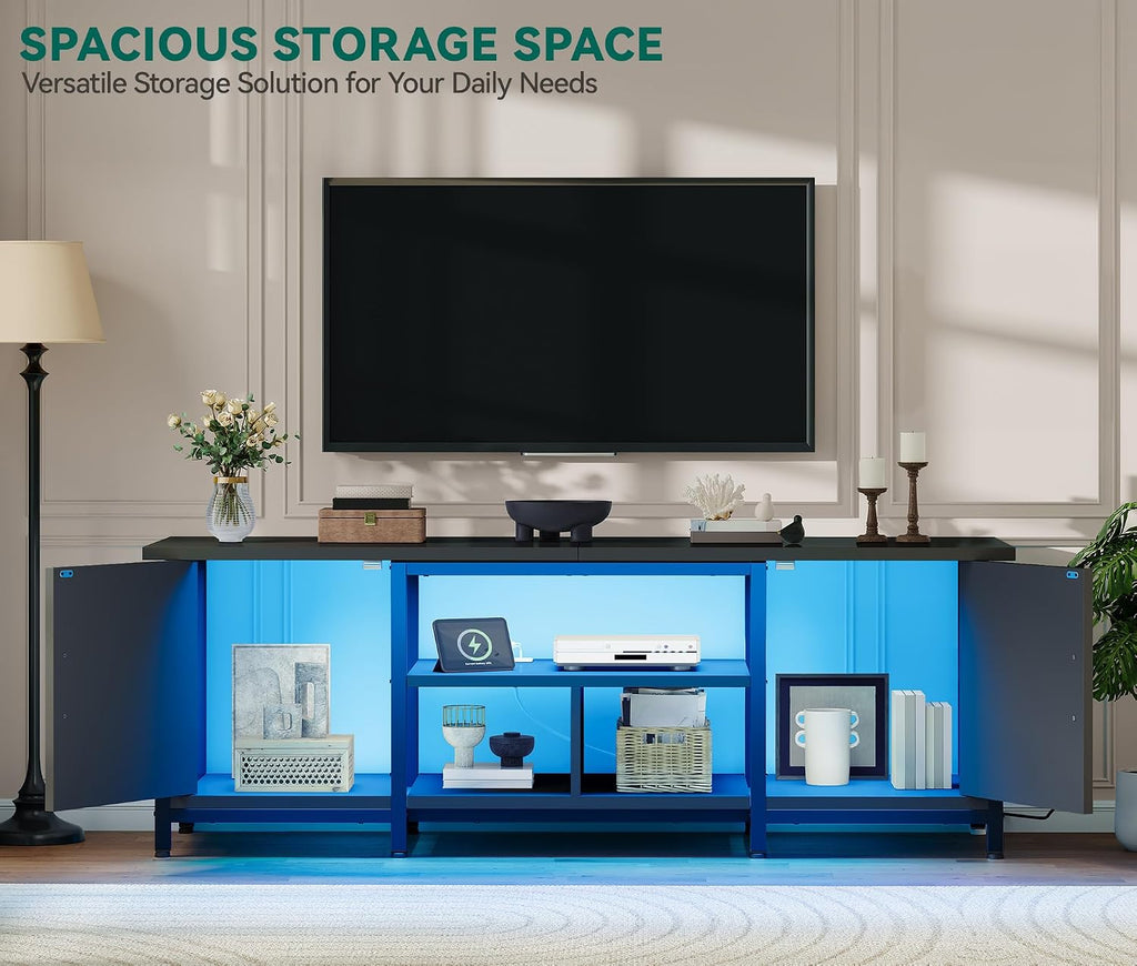 YITAHOME TV Stand with LED Lights & Charging Station, Farmhouse Entertainment Center with Storage Cabinets & Shelves, Cross-Pattern Doors, Fits TVs up to 70'', TV Consoles for Living Room, Black
