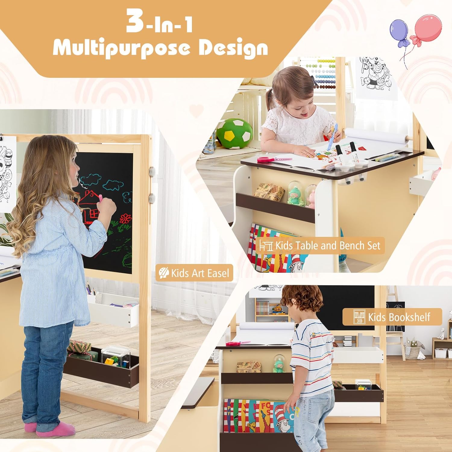 HONEY JOY Kids Art Easel, 6-in-1 Wooden Double-Sided Toddler Table & Chair Set w/Adjustable Magnetic White Board & Chalkboard, Paper Roll, Bookshelf, Storage, Kids Art Table and Chair (Coffee)