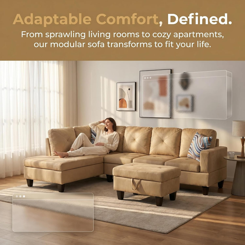 3-Piece L-Shaped Modular Leather Sofa – Convertible Sectional Couch with Movable Chaise & Storage Ottoman, Multi-Scene Use for Living Room, Apartment & Office, Beige