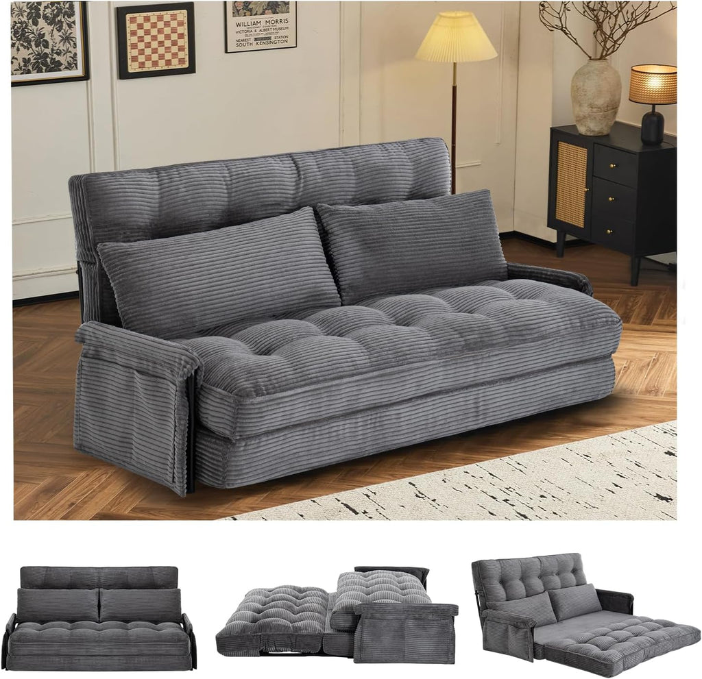 Convertible Futon Sofa Bed with Adjustable Backrest Pillows,Folding Loveseat Sleeper Sofa,Corduroy Pull Out Couches with Side Pocket for Living Room Bedroom Lounge,Grey