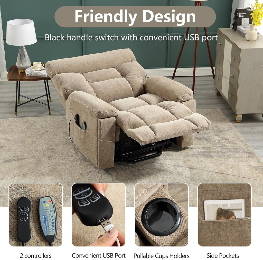CANMOV Dual Motor Power Lift Recliner Chair for Elderly, 27' Extra-Wide Seat 450 lbs Weight Capacity Infinite Position Adjustment, with Heated Massage, Cup Holders and USB Port, Camel Fabric