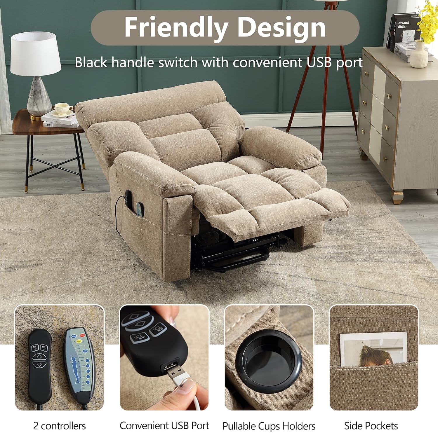 CANMOV Dual Motor Power Lift Recliner Chair for Elderly, 27' Extra-Wide Seat 450 lbs Weight Capacity Infinite Position Adjustment, with Heated Massage, Cup Holders and USB Port, Camel Fabric