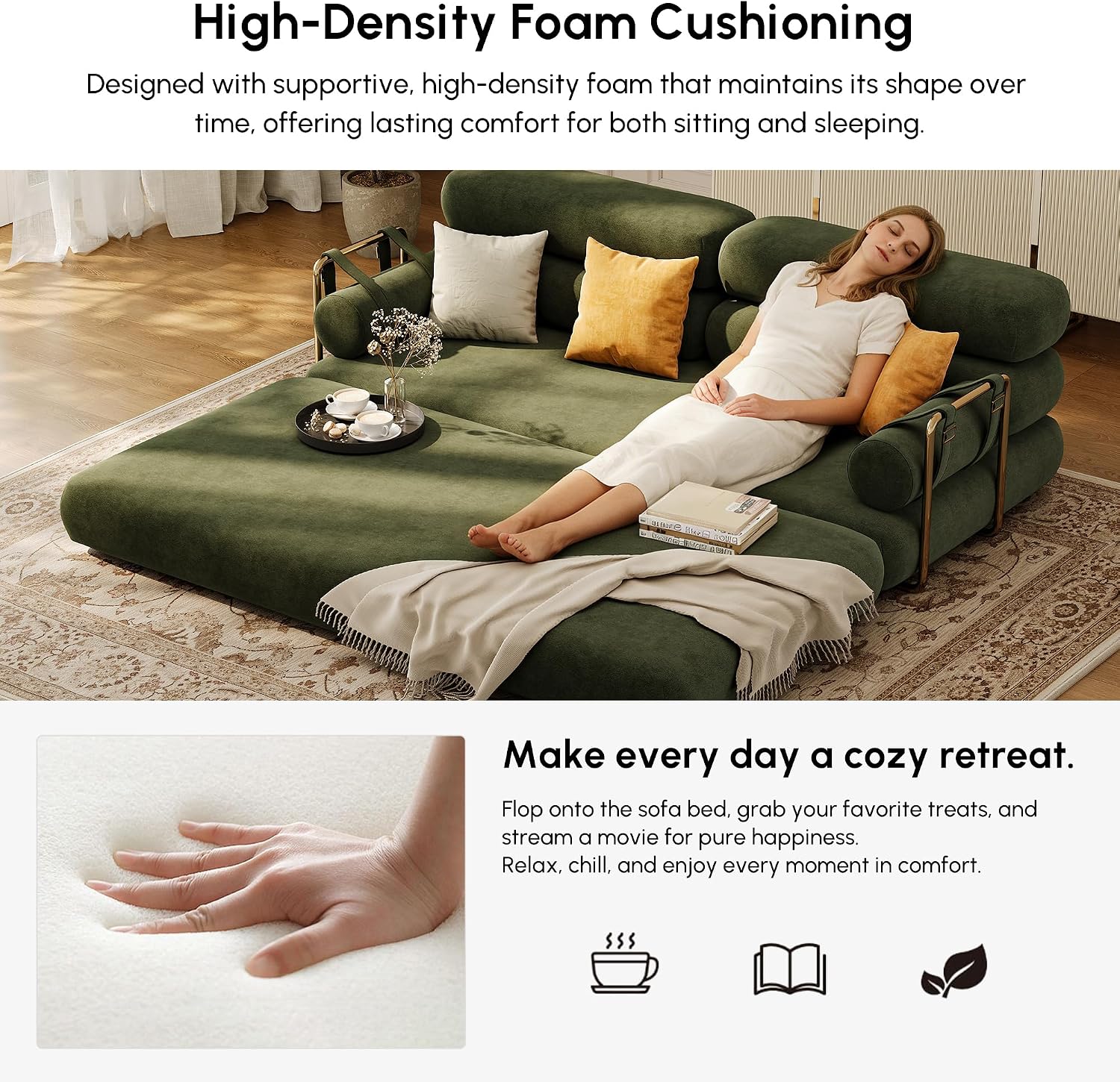 homary Velvet Futon Sofa Bed 81' 3-Seater Convertible Couch with Detachable Pillows, Stainless Steel Legs, Modern Sleeper Sofa for Living Room & Apartment (Evergreen)