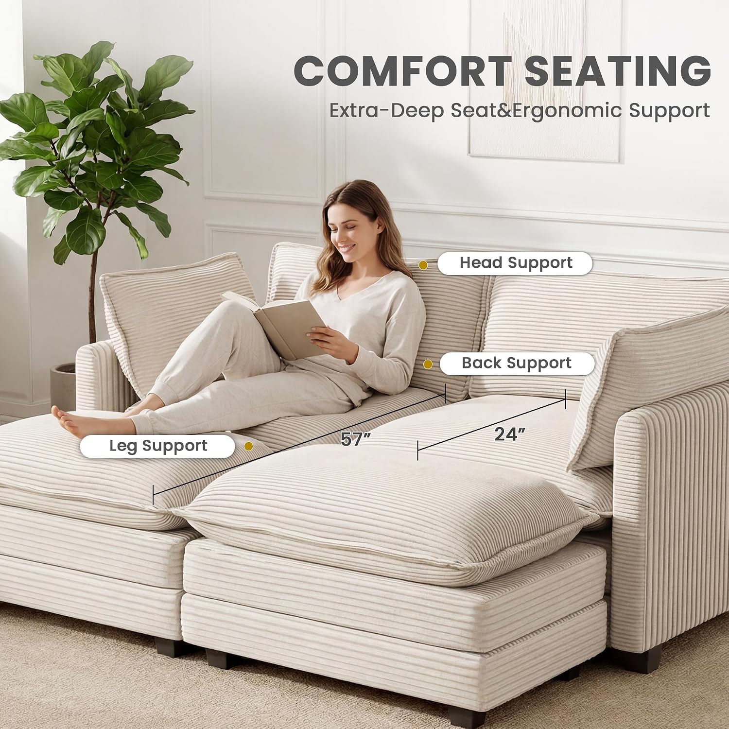 78'' Modular Sectional Cloud Couch with 2 Movable Ottoman, 4 Seat Comfy Modern Corduroy Sofa with 2 Throw Pillows, Deep Seat Sleeper Couch for Living Room Bedroom Apartment, Beige