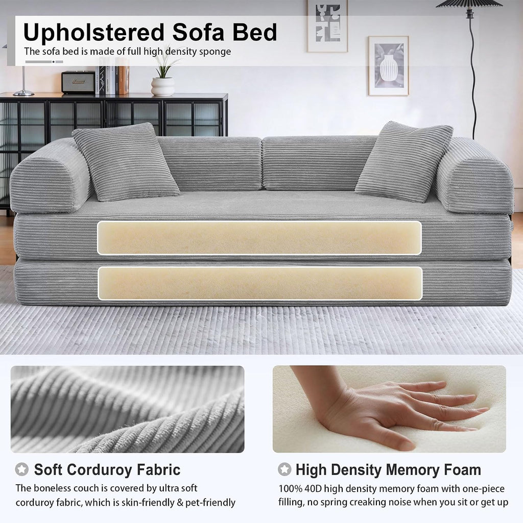 JJJ 89 inch Sofa Bed 4-in-1 Boneless Convertible Corduroy Sleeper Folding Couch with Fixed-Shape Frame and 2 Futons No Assemble Required 3 Seater Upholstered for Living Room (Light Grey, 89 inch)