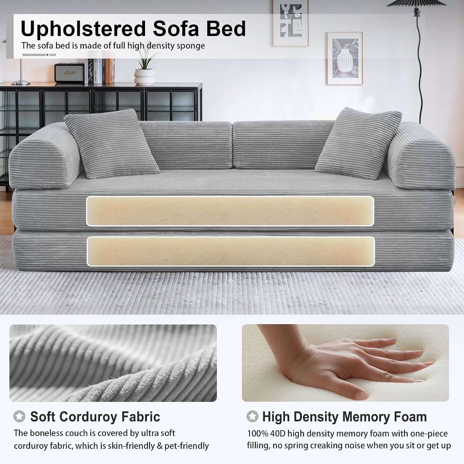JJJ 89 inch Sofa Bed 4-in-1 Boneless Convertible Corduroy Sleeper Folding Couch with Fixed-Shape Frame and 2 Futons No Assemble Required 3 Seater Upholstered for Living Room (Light Grey, 89 inch)