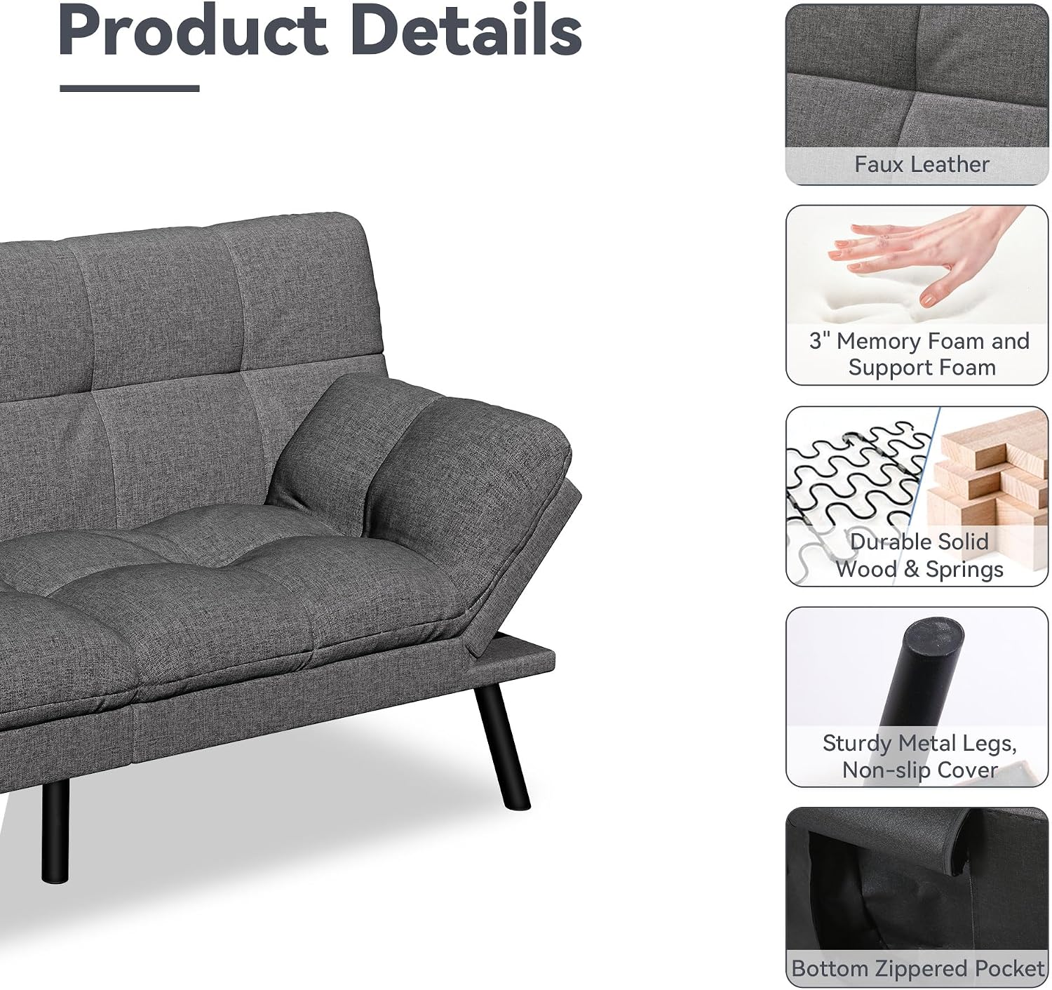 Convertible Futon Sofa Bed,Linen Futon Couch with Detachable Cushion,Adjustable Backrest & Armrest,Modern Small Loveseat Sleeper Recliner for Living Room,Office,Apartment,Grey