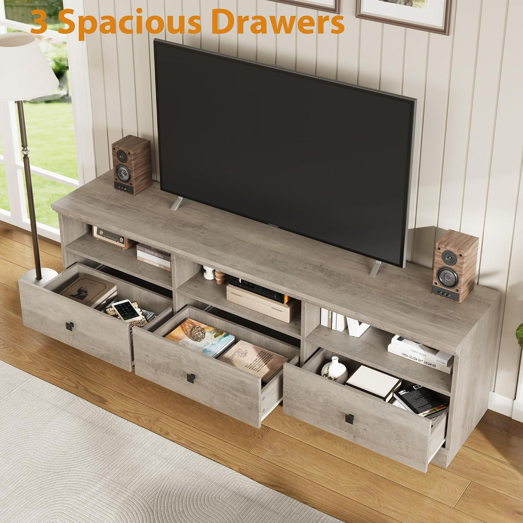 GarveeHome TV Stand for 65/70/75 in TV, Entertainment Center with Storage Drawer, Mid-Century Modern TV Console with Open Shelves, 70 in Media TV Cabinet for Living Room, Bedroom, Gray