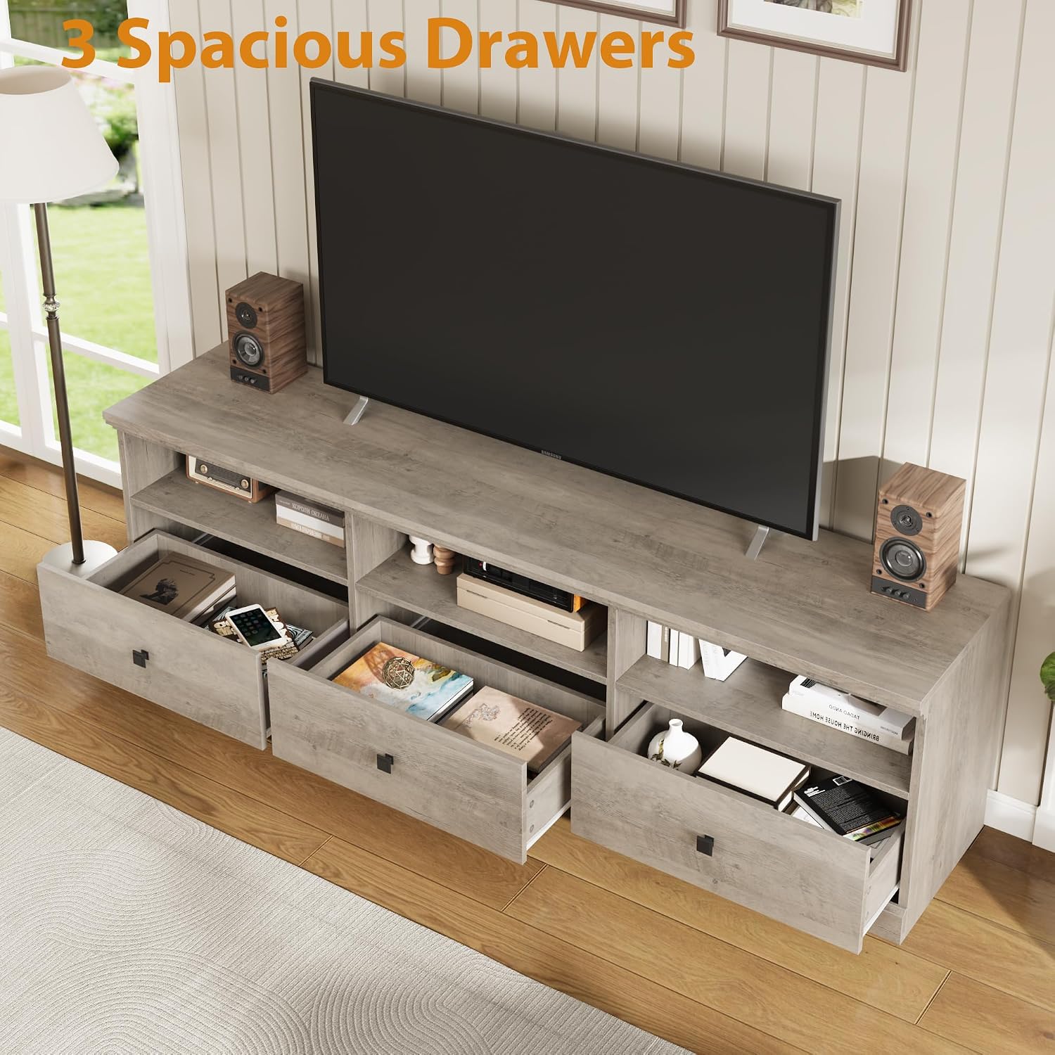 GarveeHome TV Stand for 65/70/75 in TV, Entertainment Center with Storage Drawer, Mid-Century Modern TV Console with Open Shelves, 70 in Media TV Cabinet for Living Room, Bedroom, Gray