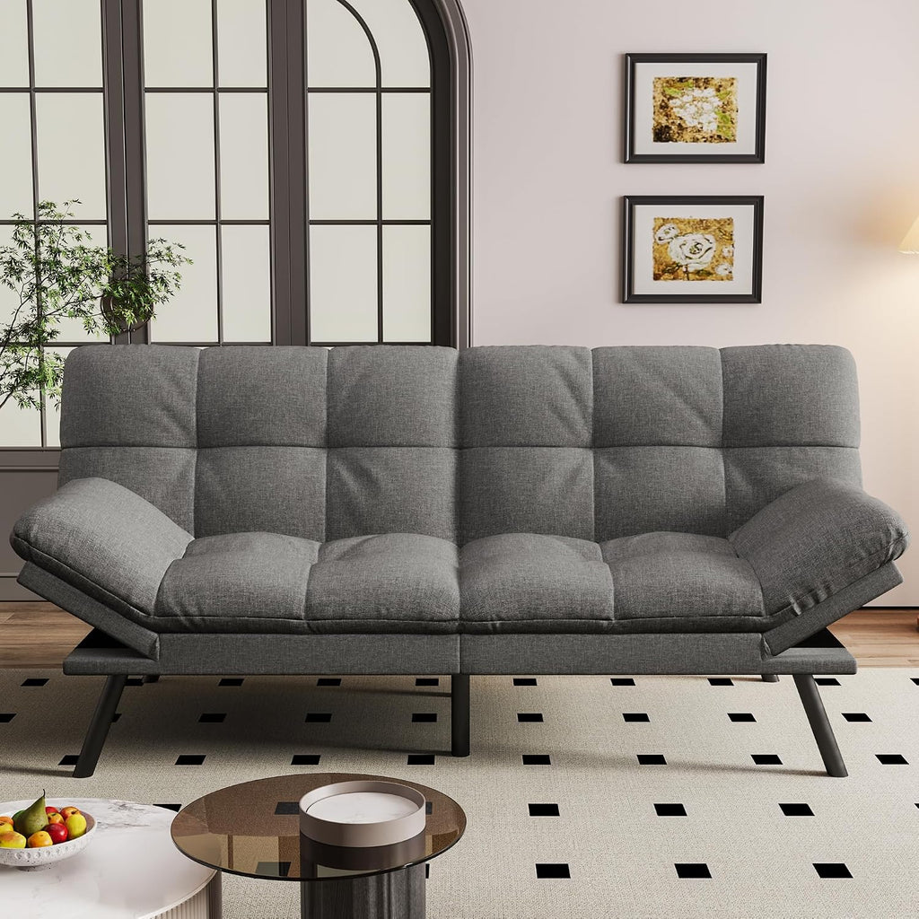 Vipbear Convertible Futon Sofa Bed,Grey Linen Fabric Futon Couch with Detachable Cushion,Adjustable Backrest & Armrest,Modern Loveseat Sleeper Recliner for Living Room,Office,Apartment