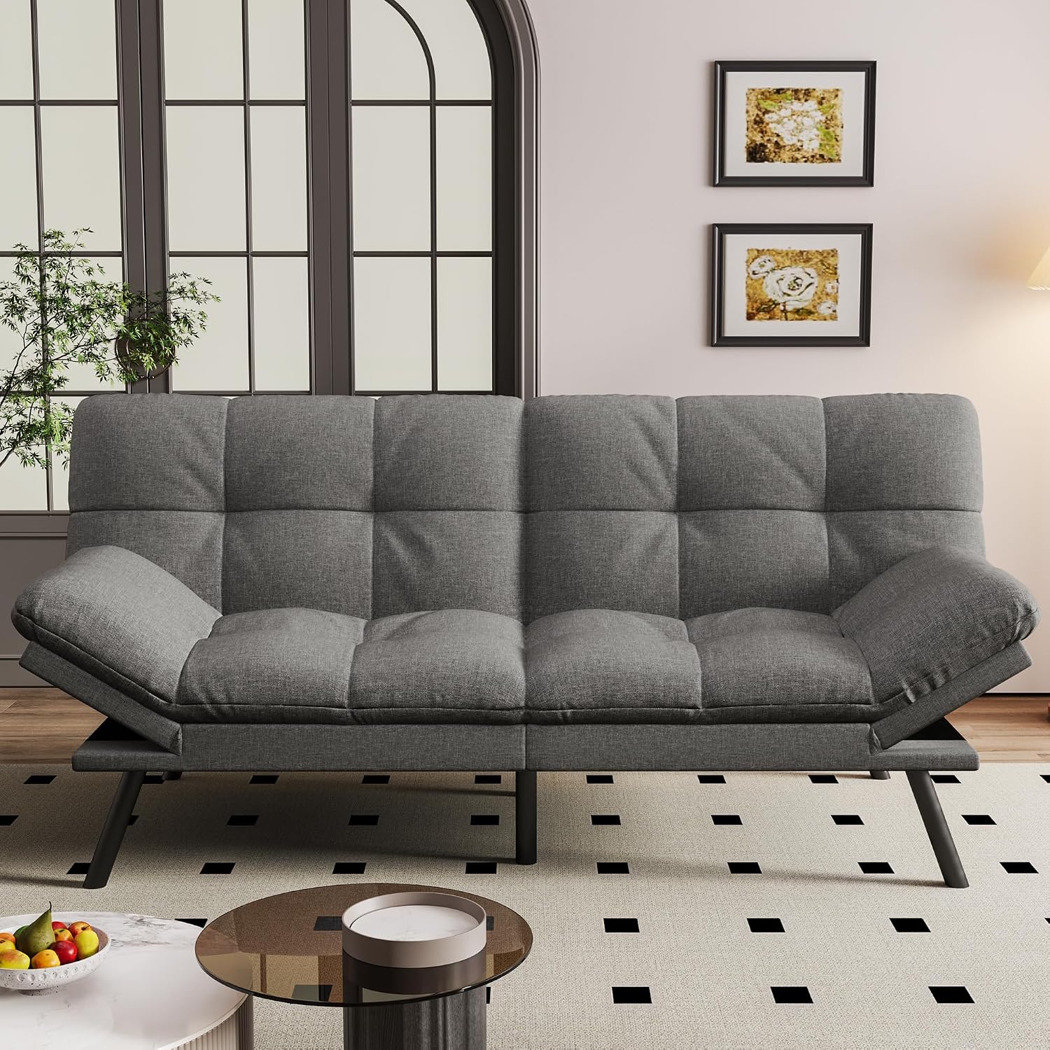 Vipbear Convertible Futon Sofa Bed,Grey Linen Fabric Futon Couch with Detachable Cushion,Adjustable Backrest & Armrest,Modern Loveseat Sleeper Recliner for Living Room,Office,Apartment