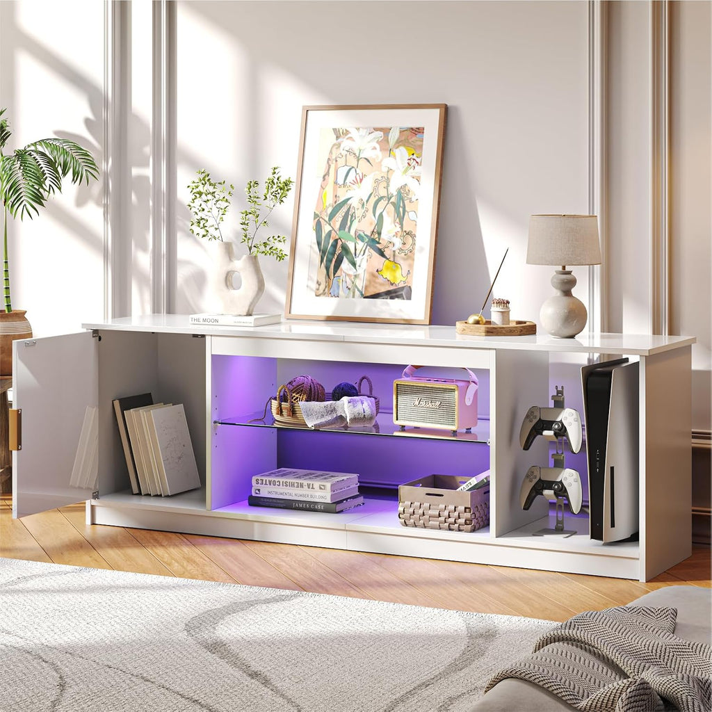 Bestier Glossy Fluted TV Stand for 65 Inch TV, Gaming LED Entertainment Center with Cabinet for PS5 Xbox, TV Console with Adjustable Glass Shelves for Living Room Bedroom, Bright White