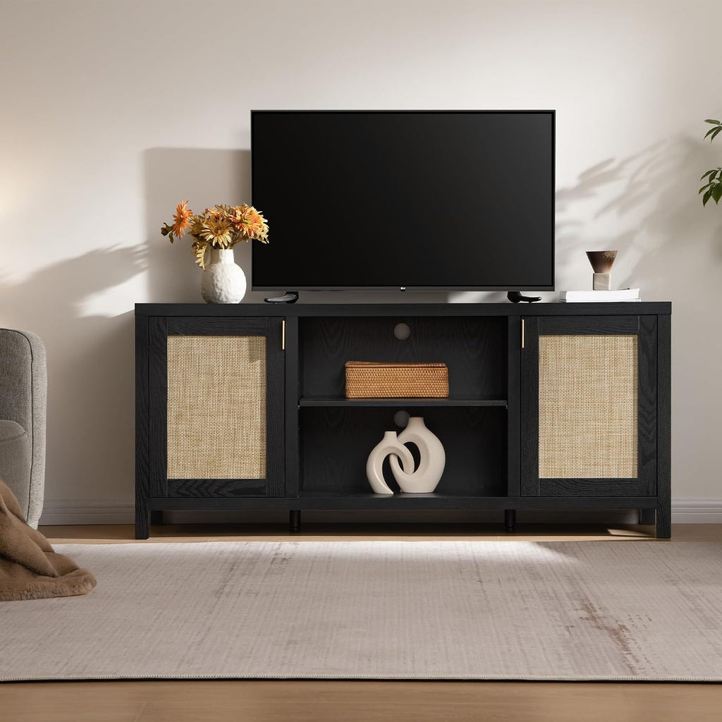 SICOTAS Rattan TV Stand for Living Room - 26' Tall Farmhouse Entertainment Center with Storage and Wicker Door, Media TV Console Cabinet for TVs Up to 65 Inch, Black Oak