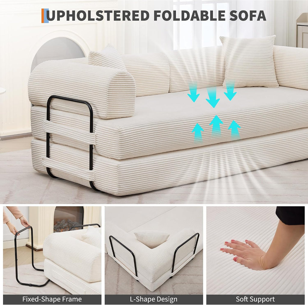 IDEALHOUSE 4 in 1 Convertible Sleeper Sofa Bed Couch, 79 Inch Boneless Corduroy Floor Couch with Pillows, No Assembly, Modern Deep Seat Sofa Futon Mattress for Living Room,Apartment,Beige