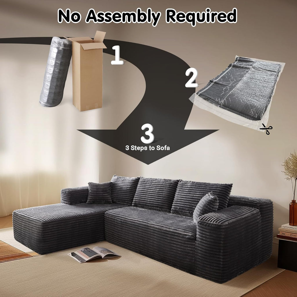 ovios 104' Cloud Boneless Couch with L-Shape Chaise,Modern Sectional Modular Sofa with Deep Seat, Upholstered Couches for Living Room Bedroom,No Assembly Required, Grey (Plush Corduroy Fabric)