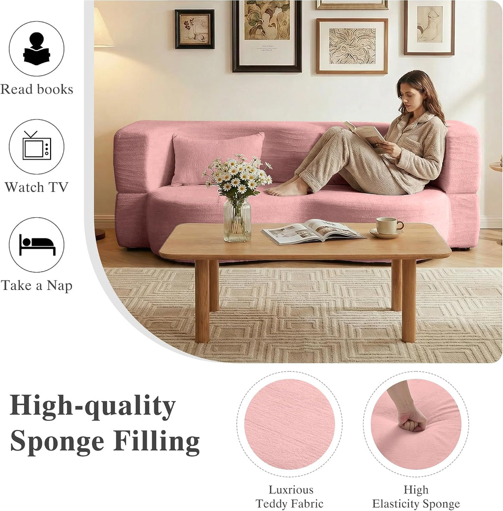 2-in-1 Convertible Sofa,78 Inch Pull Out Sofa Folding Sofa Bed with 2 Pilow Lazy Sofa, Teddy Loveseat Sleeper Floor Sofa for Apartment Children's Room Bedroom Living Room (Teddy, Pink)