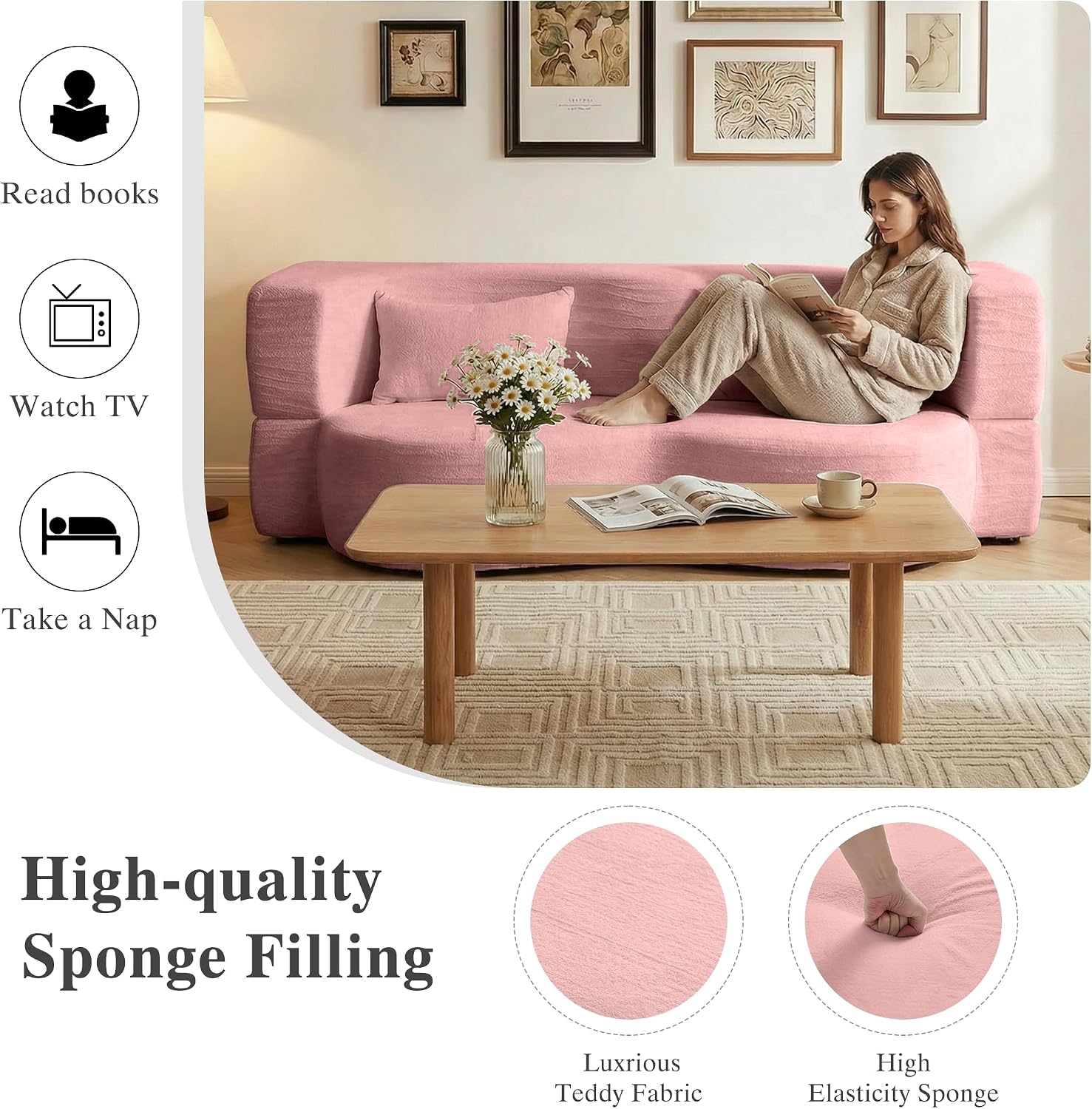 2-in-1 Convertible Sofa,78 Inch Pull Out Sofa Folding Sofa Bed with 2 Pilow Lazy Sofa, Teddy Loveseat Sleeper Floor Sofa for Apartment Children's Room Bedroom Living Room (Teddy, Pink)