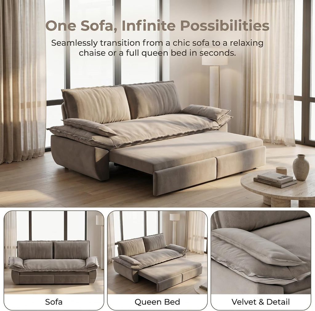 73.2' Sofa Bed Queen, 3-in-1 Pull Out Sofa Bed with Pillow Armrest, Modern Velvet Convertible Sleeper Futon Sofa for Living Room Small Space, Apartment, Bedroom, Grey