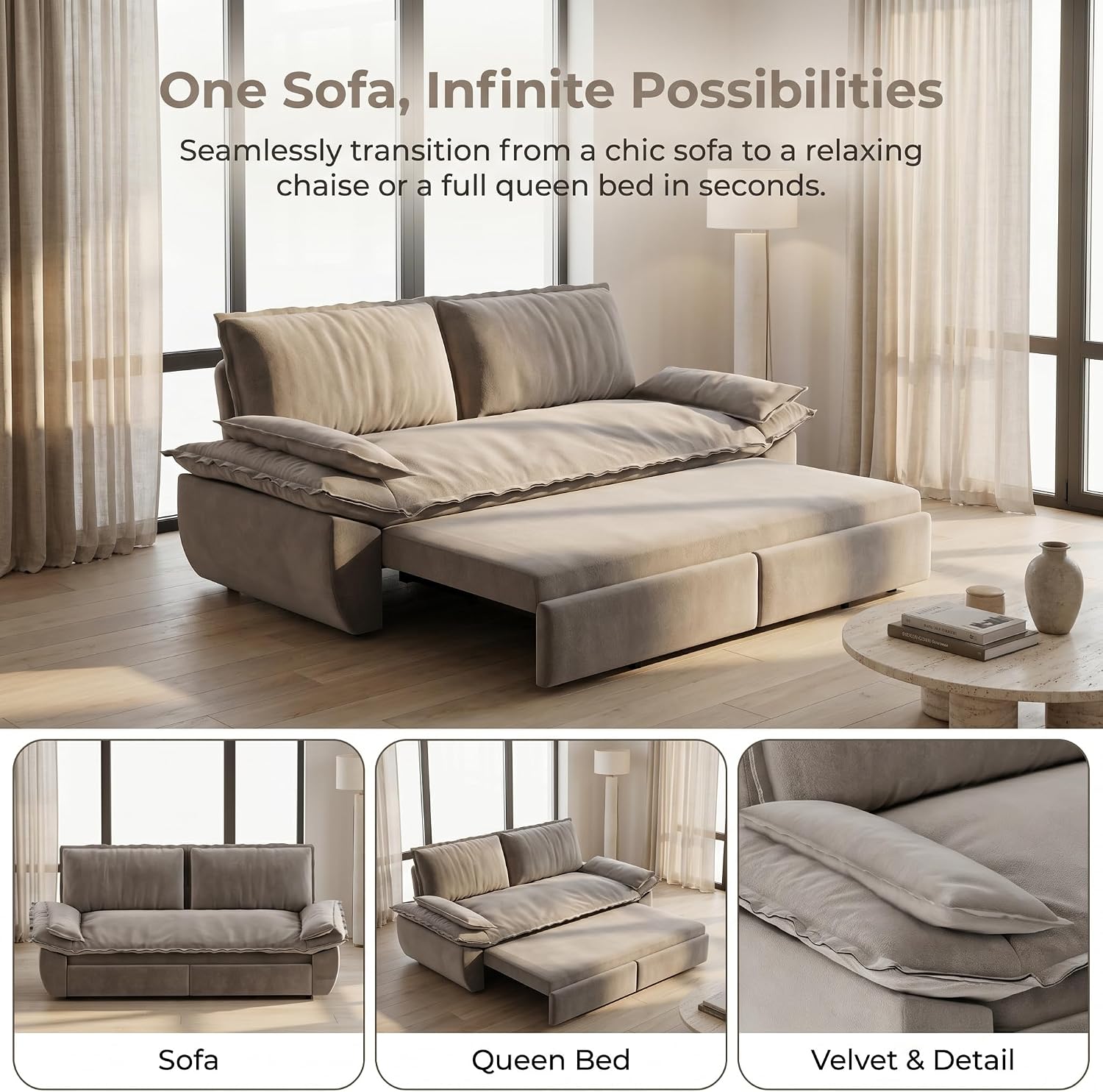 73.2' Sofa Bed Queen, 3-in-1 Pull Out Sofa Bed with Pillow Armrest, Modern Velvet Convertible Sleeper Futon Sofa for Living Room Small Space, Apartment, Bedroom, Grey