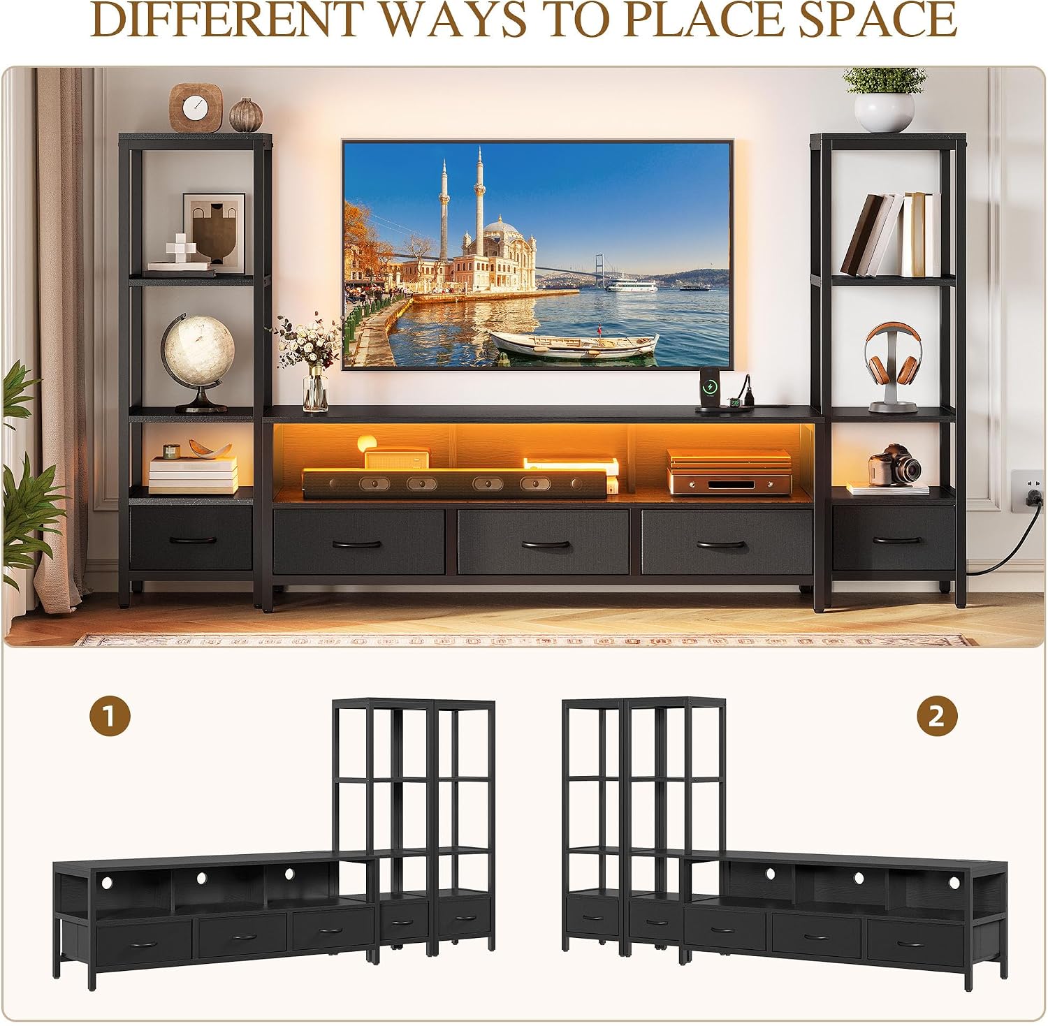 YITAHOME Modern TV Stands for 65 inch TVs, Entertainment Center with Drawers and Bookshelves, LED TV Console Cabinet with Power Outlets for Living Room, Black