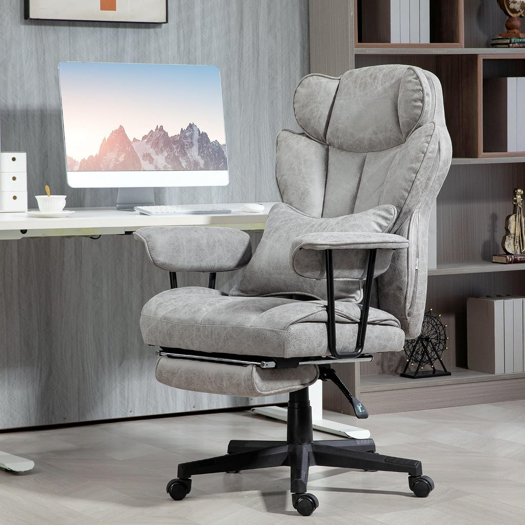 Executive Office Chair, 400LBS Big and Tall Office Chair with Foot Rest, Microfiber,with Lumbar Support, Reclining Function and Wide Seat, Gray