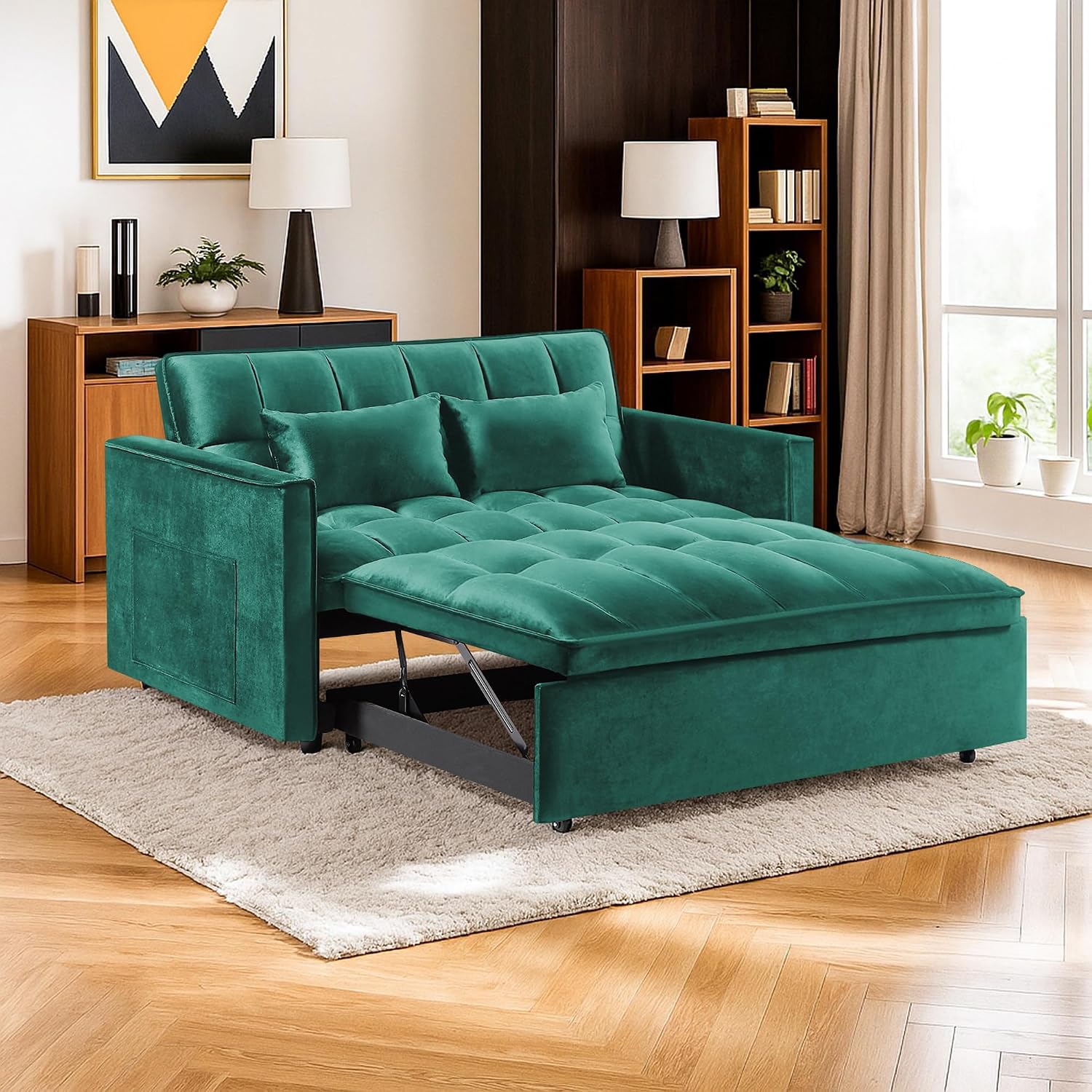 3 in 1 Convertible Sleeper Sofa Bed,Futon Pull Out Couch with Adjustable Backrest,Velvet Fabric Loveseat Sofa with Side Pocket for Bedroom, Living Room