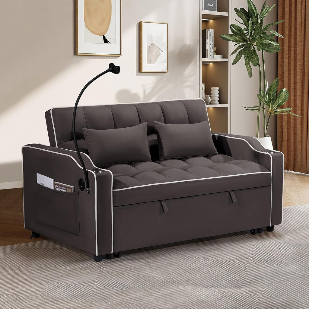 JEEOEHY 3 in 1 Convertible Sleeper Sofa Bed,Velvet Pull Out Couch Bed w USB&Type C Port,Comfy Futon Loveseat with Adjustable Backrest&Phone Holder for Living Room Apartment Small Space(Brown)