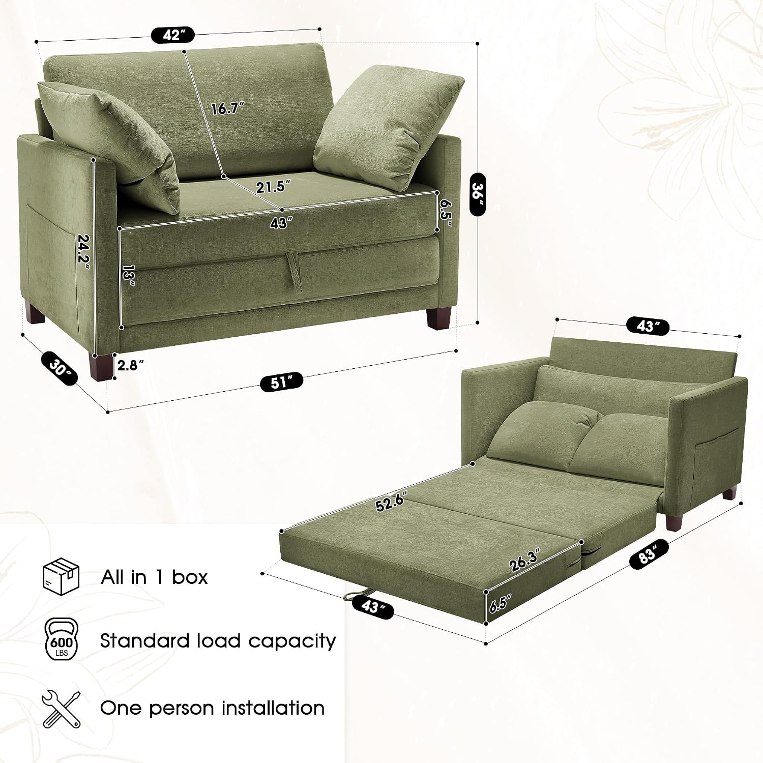 51' Convertible Loveseat Sofa Bed, 2 in1 Folding Sofa Bed, Loveseat Sleeper Sofa for Small Spaces, Fold Out Floor Couch with 2 Pillows for Apartment, Living Room & Guest Room, Green Chenille Fabric