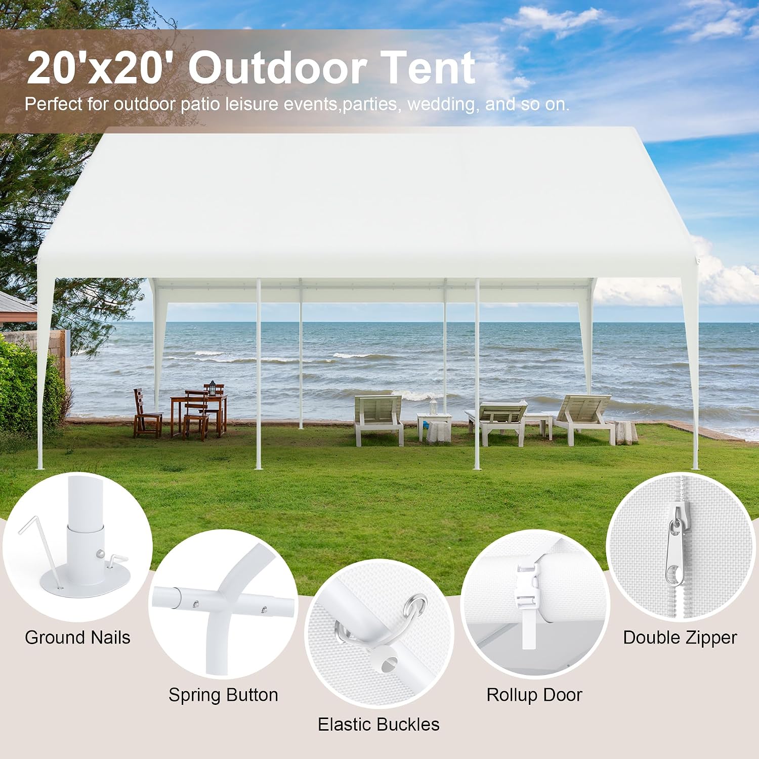 GOJOOASIS 20' x 20' Heavy Duty Carport with Roll-up Visual Windows, Reinforced Party Tent with Removable Sidewalls & Doors for Parties, Wedding, Outdoor Events, Car Canopy with All-Season Tarp, White