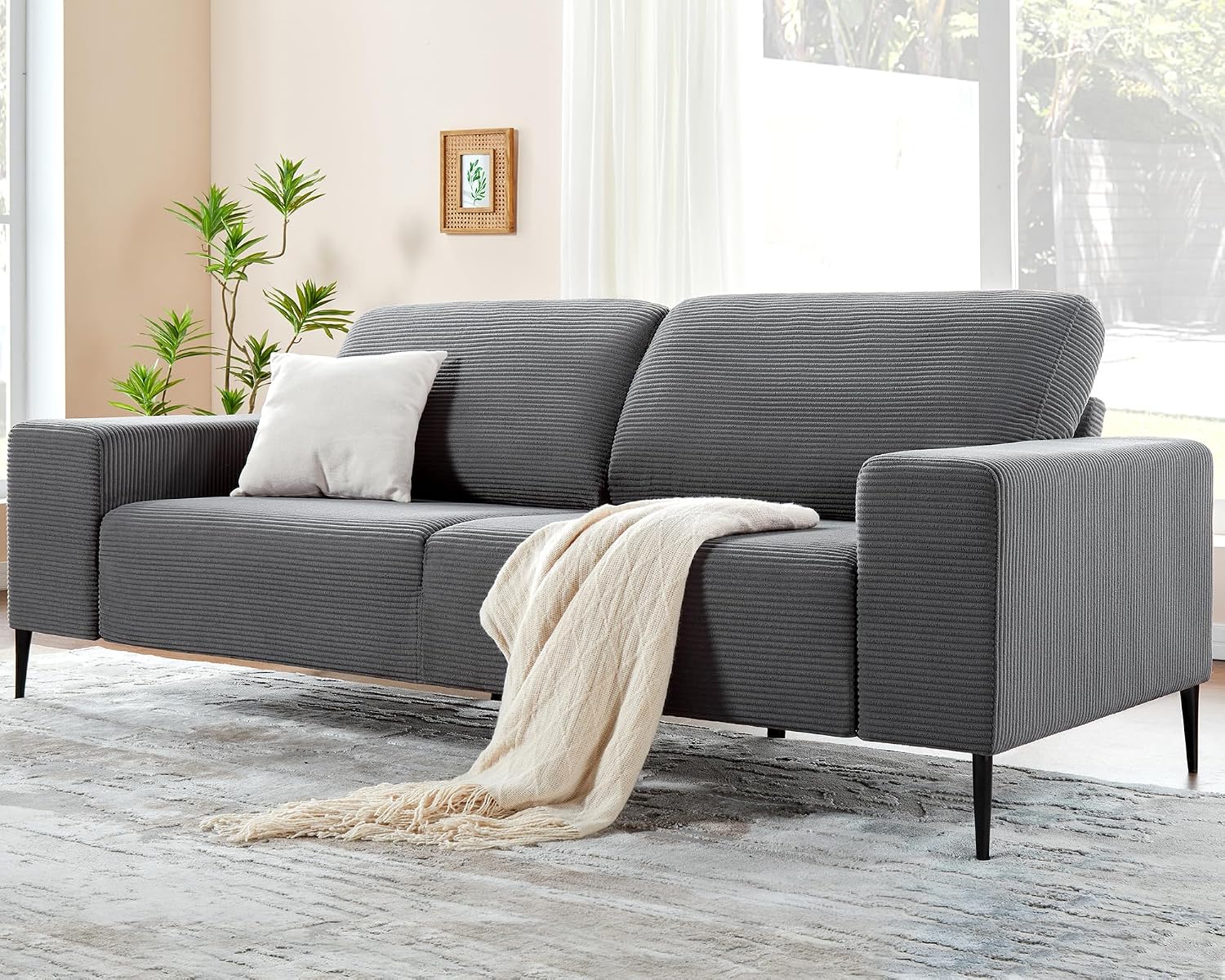 AMERLIFE 89' Modern Sofa Couch, 3 Seater Deep Seat Sofa for Living Room, Comfortable Corduroy Couch with Extra Deep Cushions, Grey