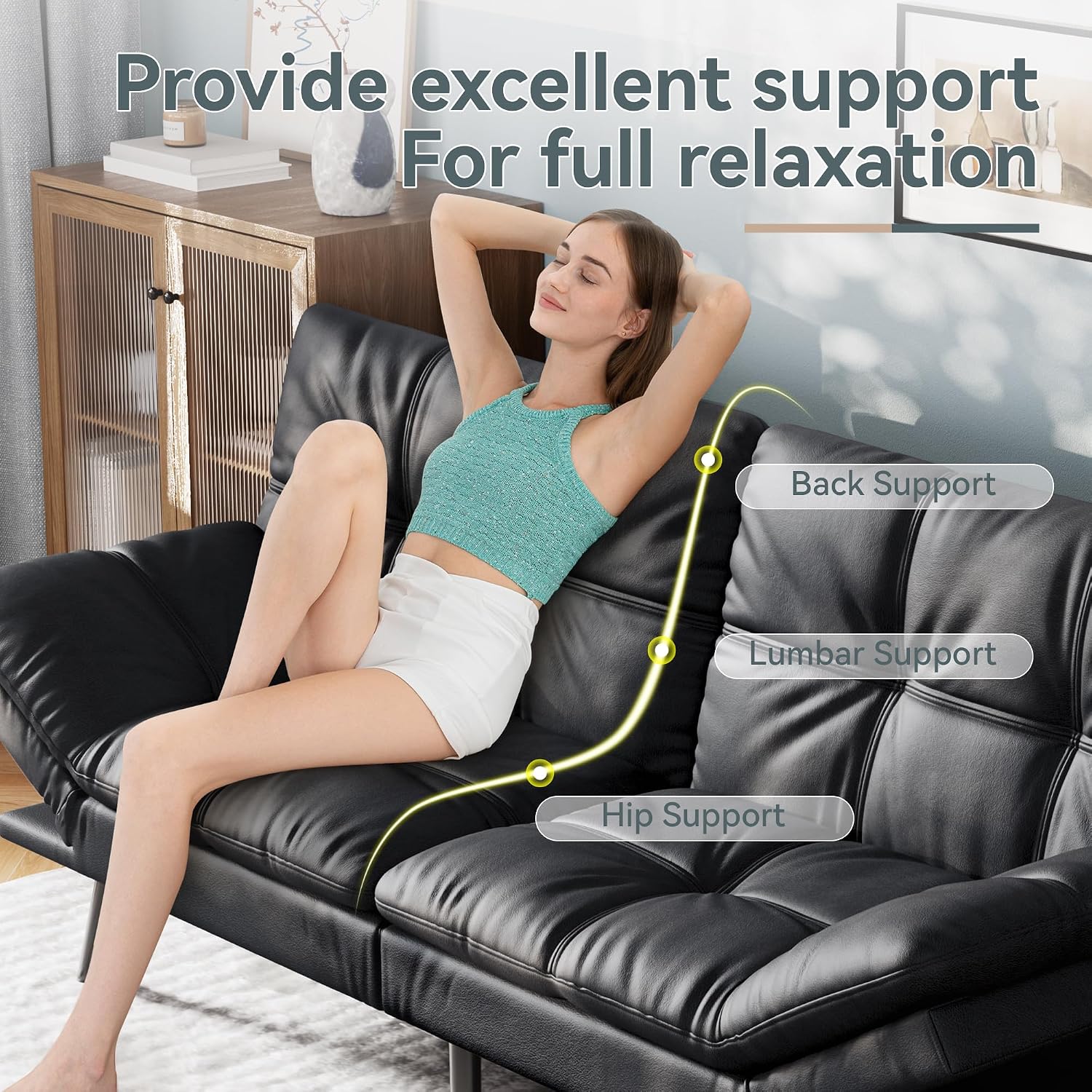 Vyfipt Convertible Futon Sofa Bed, Black Faux Leather Futon Couch with Adjustable Backrest & Armrests, Folding Small Recliner Sleeper Sofa Bed for Living Room, Apartment, Office