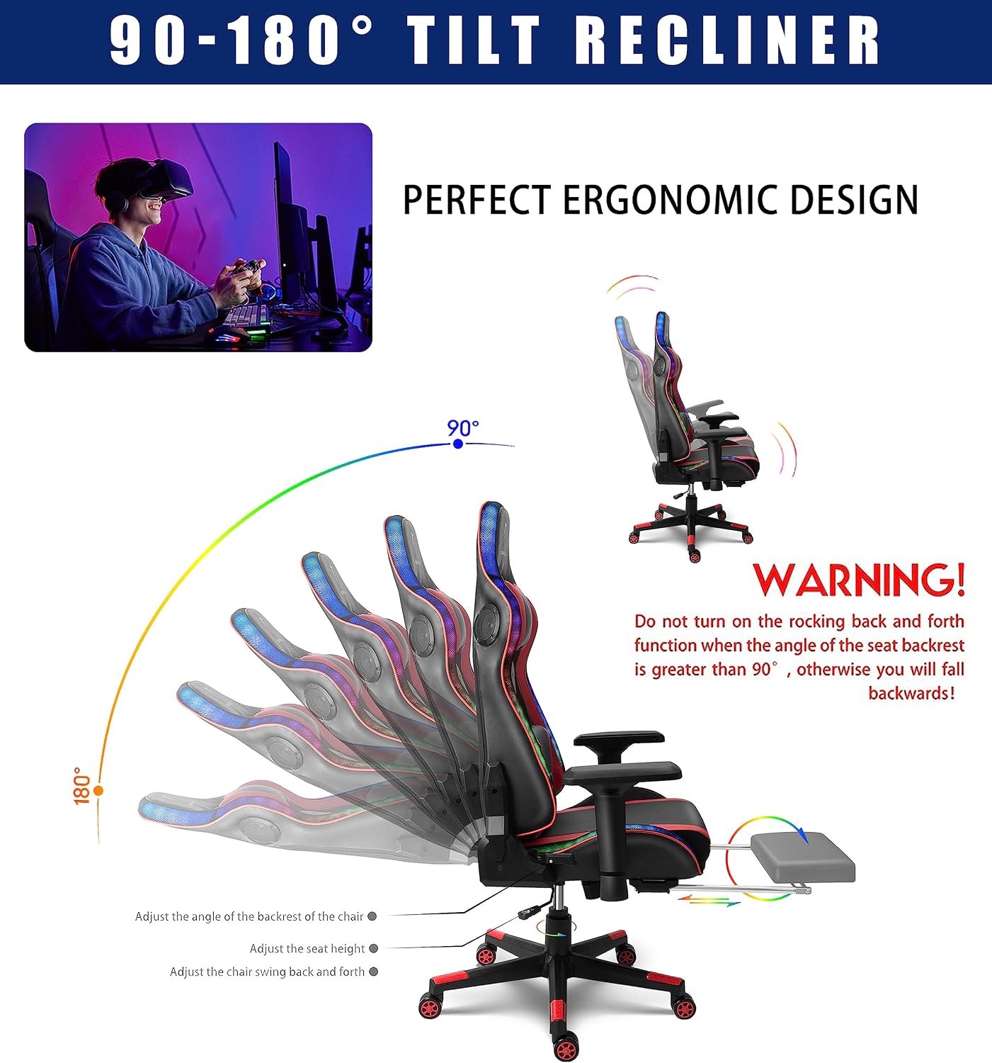 RGB LED Light Ergonomic Gaming Chair - Built-in Speakers, Full Body Massage, High-Back Office Recliner with Footrest - Comfortable Computer Chair Ideal for Adults and Teens.,Red
