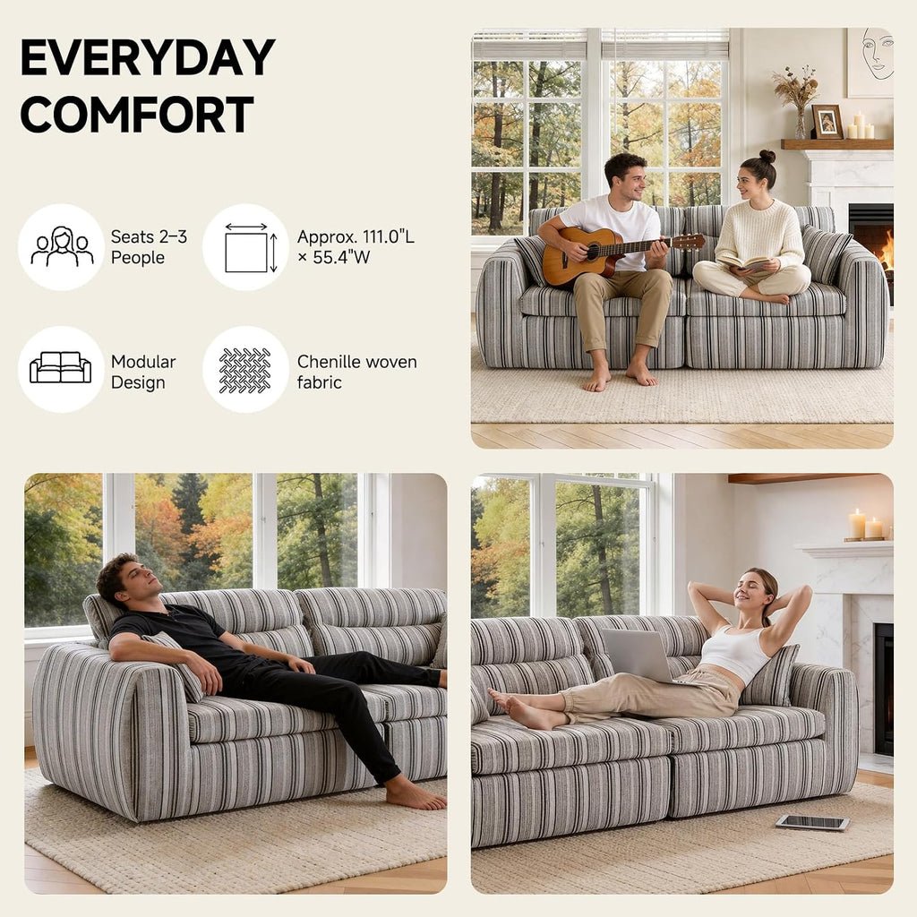 111' Modular Boneless Couch for Living Room, Pet Friendly Chenille Woven Sofa, Split-to-2 Chairs or Lounge Setup, 2-Piece Compressed Sofa in a Box, No Assembly, 1200 lb Total,Black & White