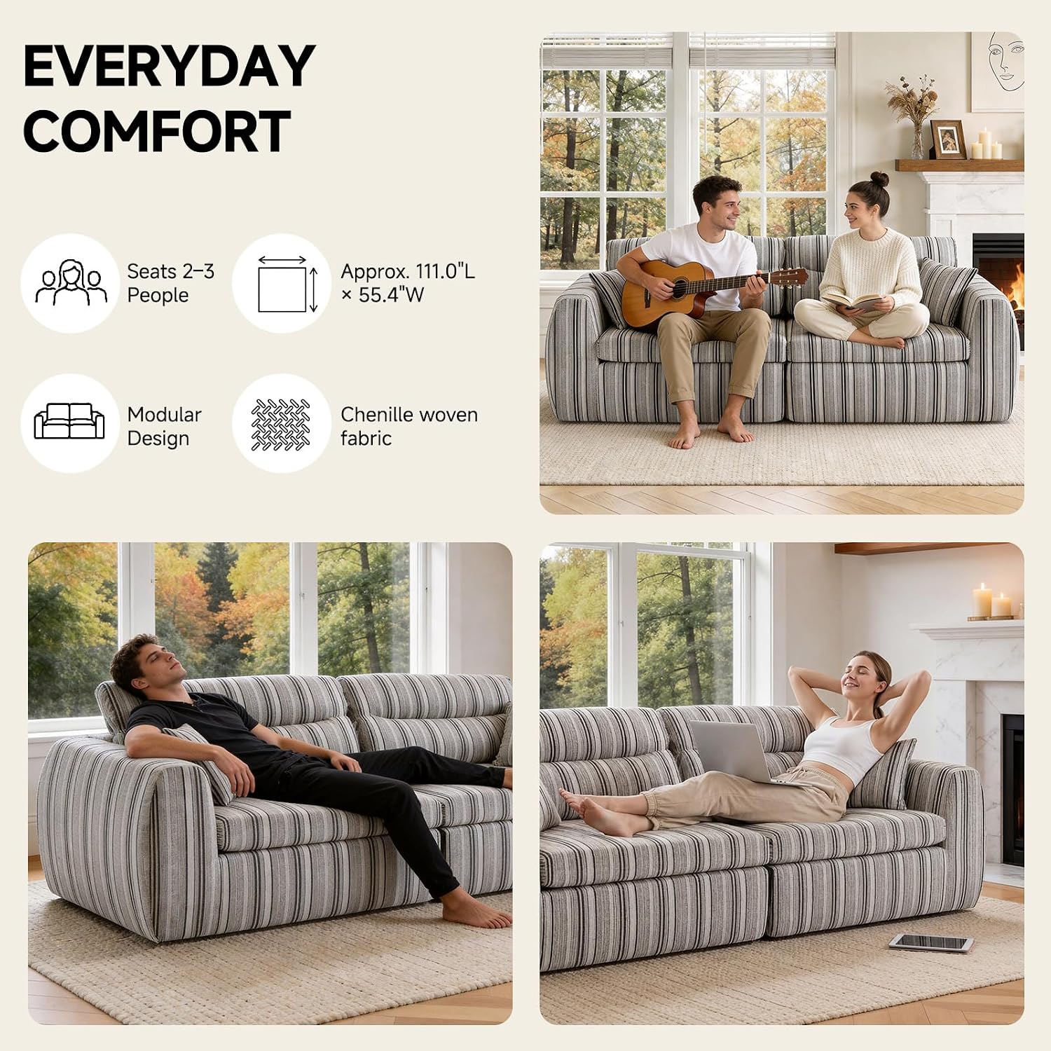 111' Modular Boneless Couch for Living Room, Pet Friendly Chenille Woven Sofa, Split-to-2 Chairs or Lounge Setup, 2-Piece Compressed Sofa in a Box, No Assembly, 1200 lb Total,Black & White