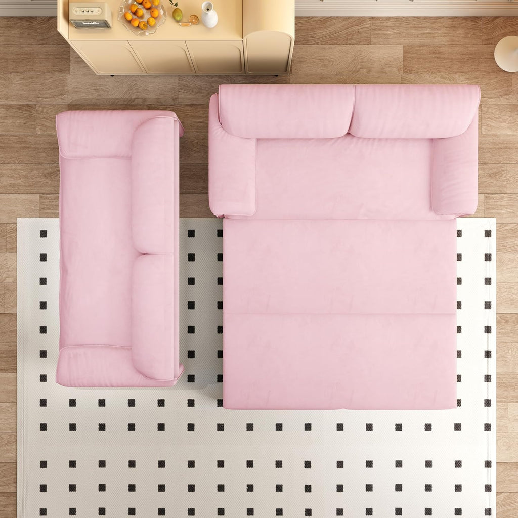 3 in 1 Convertible Queen Sleeper Sofa Bed Comfy Pull Out Futon Couch Bed 66' Modern Velvet Recliner Loveseat Sofa Multi-Functional Pink Cloud Couch for Living Room,Apartment,Office (Pink 66')