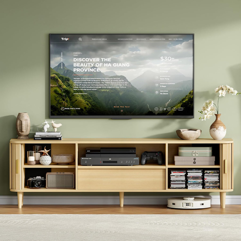 IRONCK Modern Fluted TV Stand for TVs Up to 80 inches, 69' Entertainment Center with Storage Drawer, TV Console with Sliding Doors and Adjustable Shelves, Media Console for Living Room Bedroom, Oak