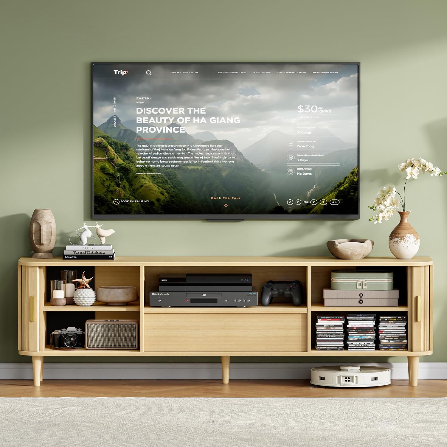 IRONCK Modern Fluted TV Stand for TVs Up to 80 inches, 69' Entertainment Center with Storage Drawer, TV Console with Sliding Doors and Adjustable Shelves, Media Console for Living Room Bedroom, Oak
