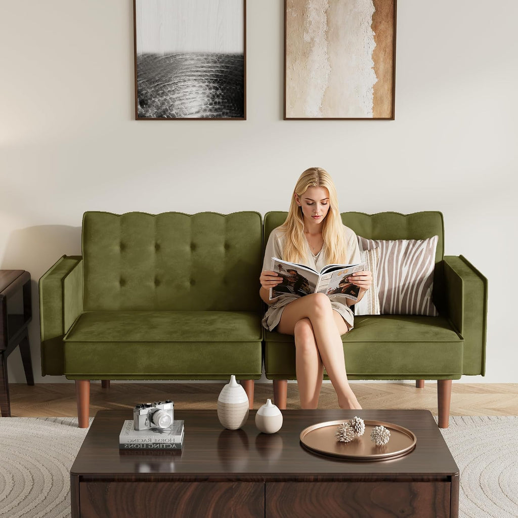 Furnify 71' Velvet Futon Sofa Bed, Versatile Loveseat Couch, Sleeper Sofa with Adjustable Backrest, Mid Century Modern Futon Couch for Small Space, Living Room, Office & Apartment, Velvet Fabric Green