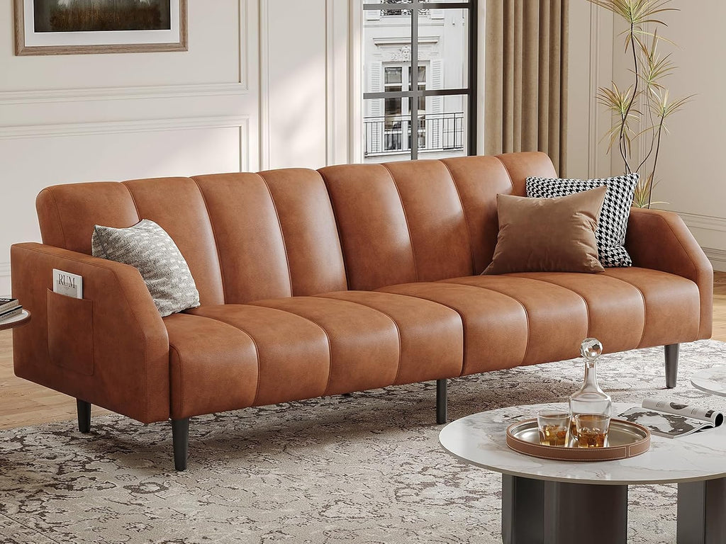 Fadware Faux Leather Couch, Convertible Futon Sofa Bed with Adjustable Backrest, Mid Century Leather Sofa Loveseat with Side Pockets& Metal Leg, Modern Leather Sleeper Sofa for Living Room Bedroom