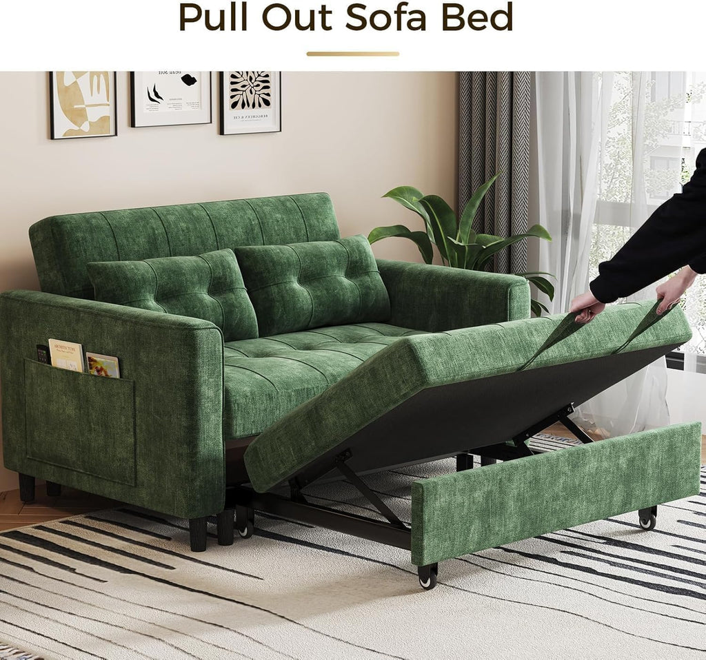 KKL 3 in 1 Convertible Small Sleeper Sofa Bed, Pull Out Couch Bed with Adjustable Backrest, Chenille Loveseat Pullout Couches with Side Pocket for Living Room, Bedroom,Green